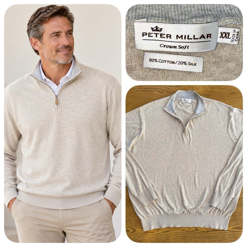 Peter Millar Crown Soft 1/4 Zip Sweater XXL Cotton Silk Blend Heather Beige